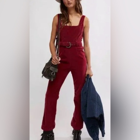 Free People Pants - Free People Party Starter Jumpsuit Velvet Corduroy Flare in Holly Berry Red